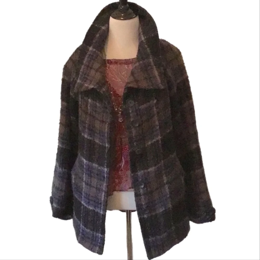 FREE PEOPLE Brushed Wool Fuzzy  Plaid Coat Blue Purple Medium